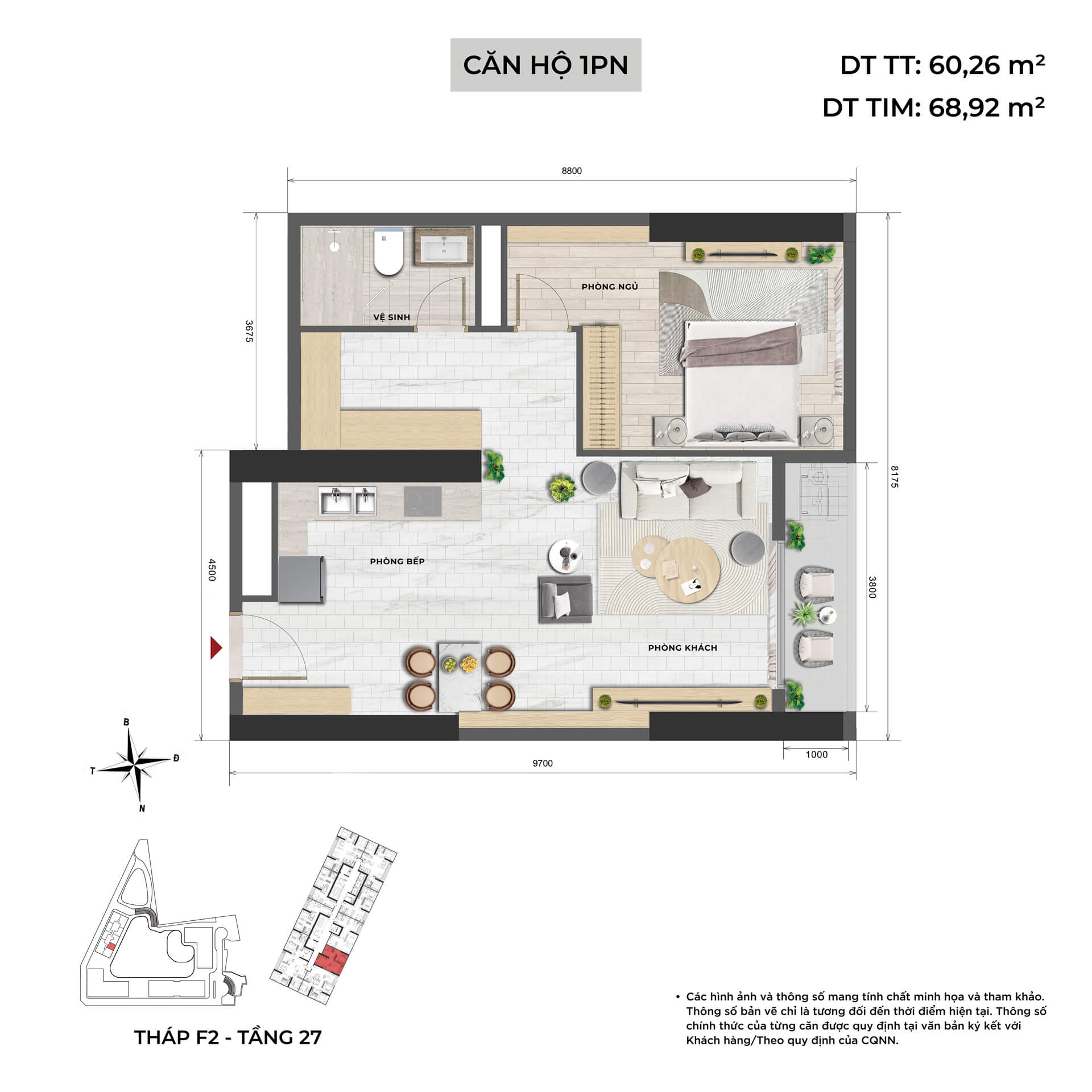 thiết kế căn hộ 1 phòng ngủ dự án Emerald Park Mê Linh