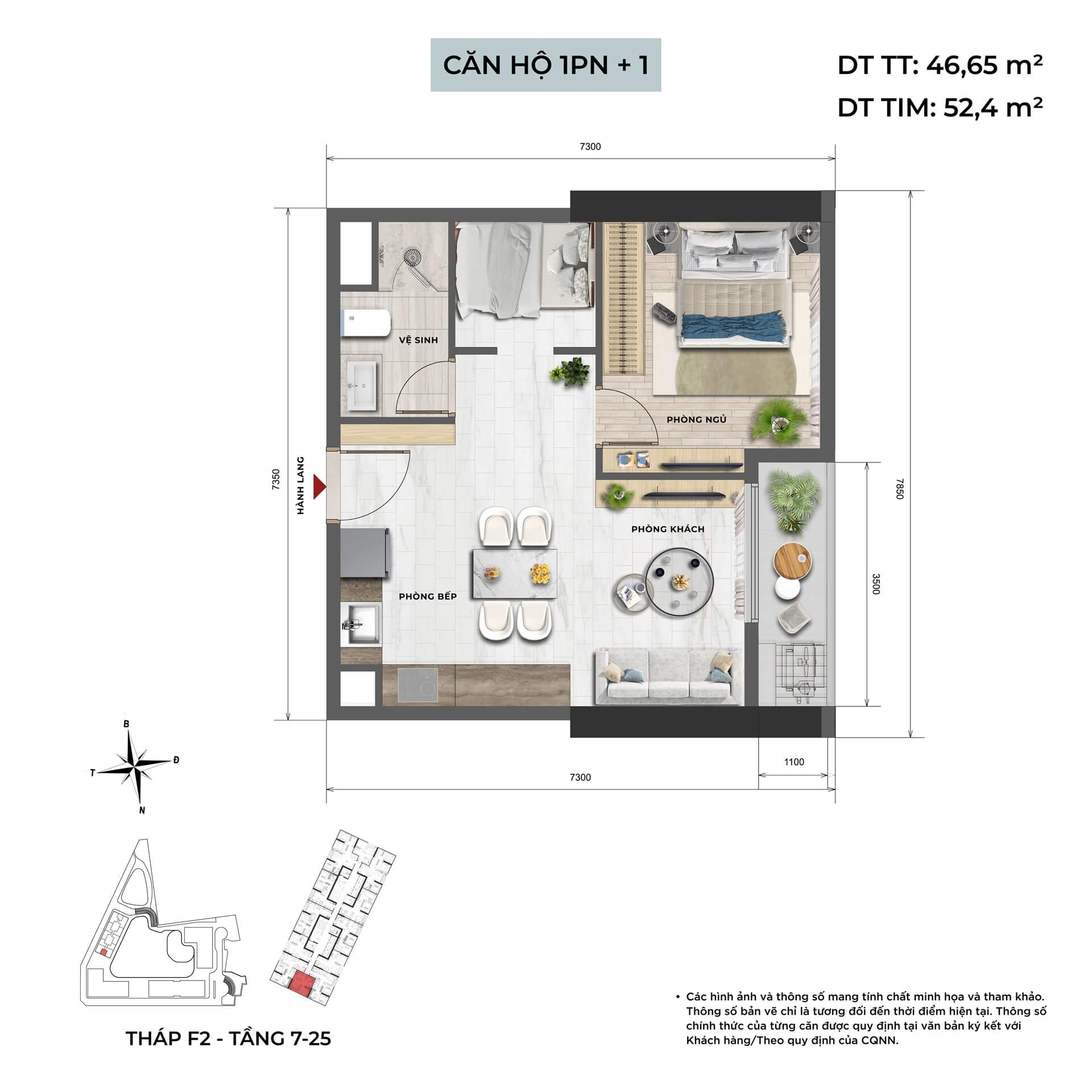 thiết kế căn hộ 1 phòng ngủ+1 dự án Emerald Park Mê Linh