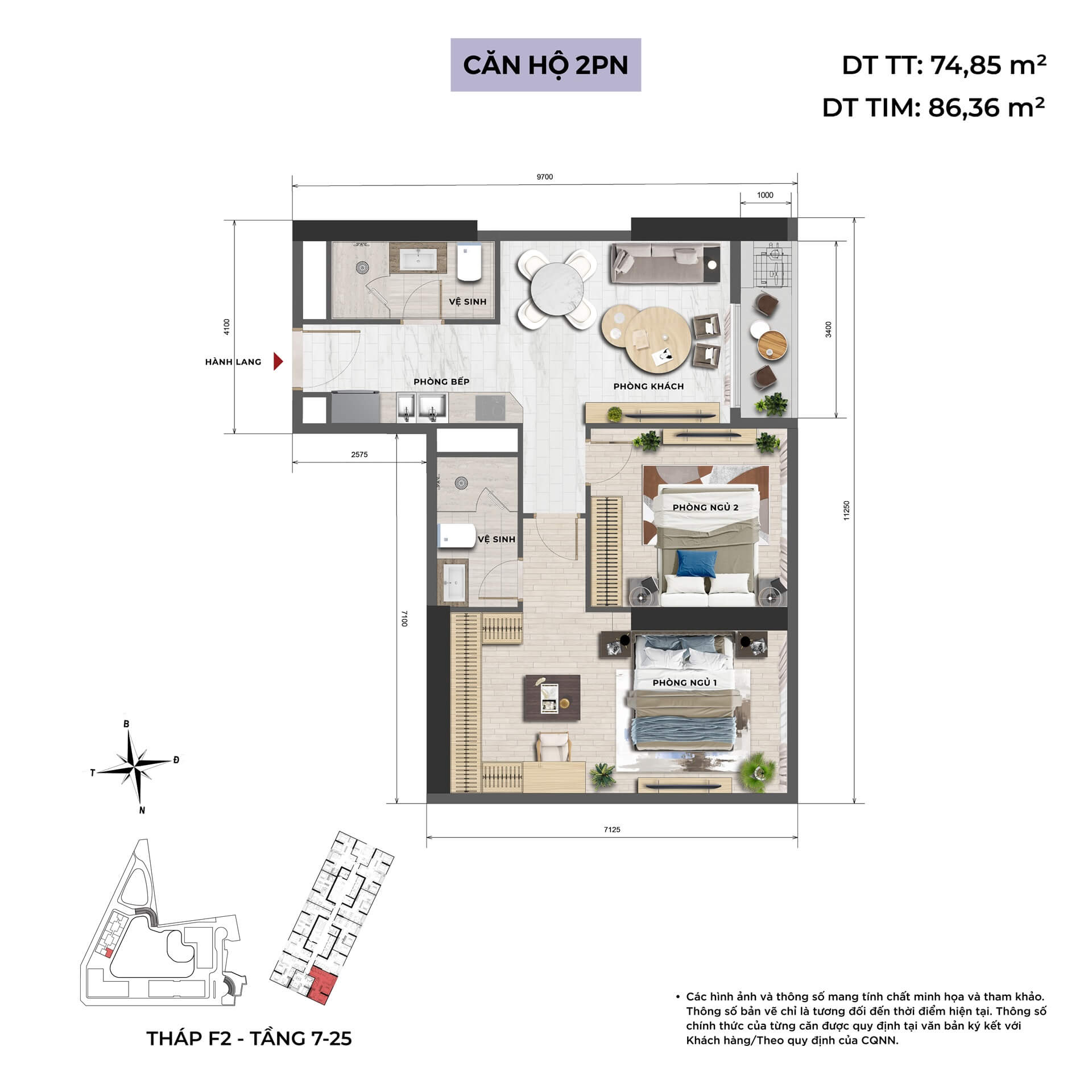 thiết kế căn hộ 2 phòng ngủ dự án Emerald Park Mê Linh