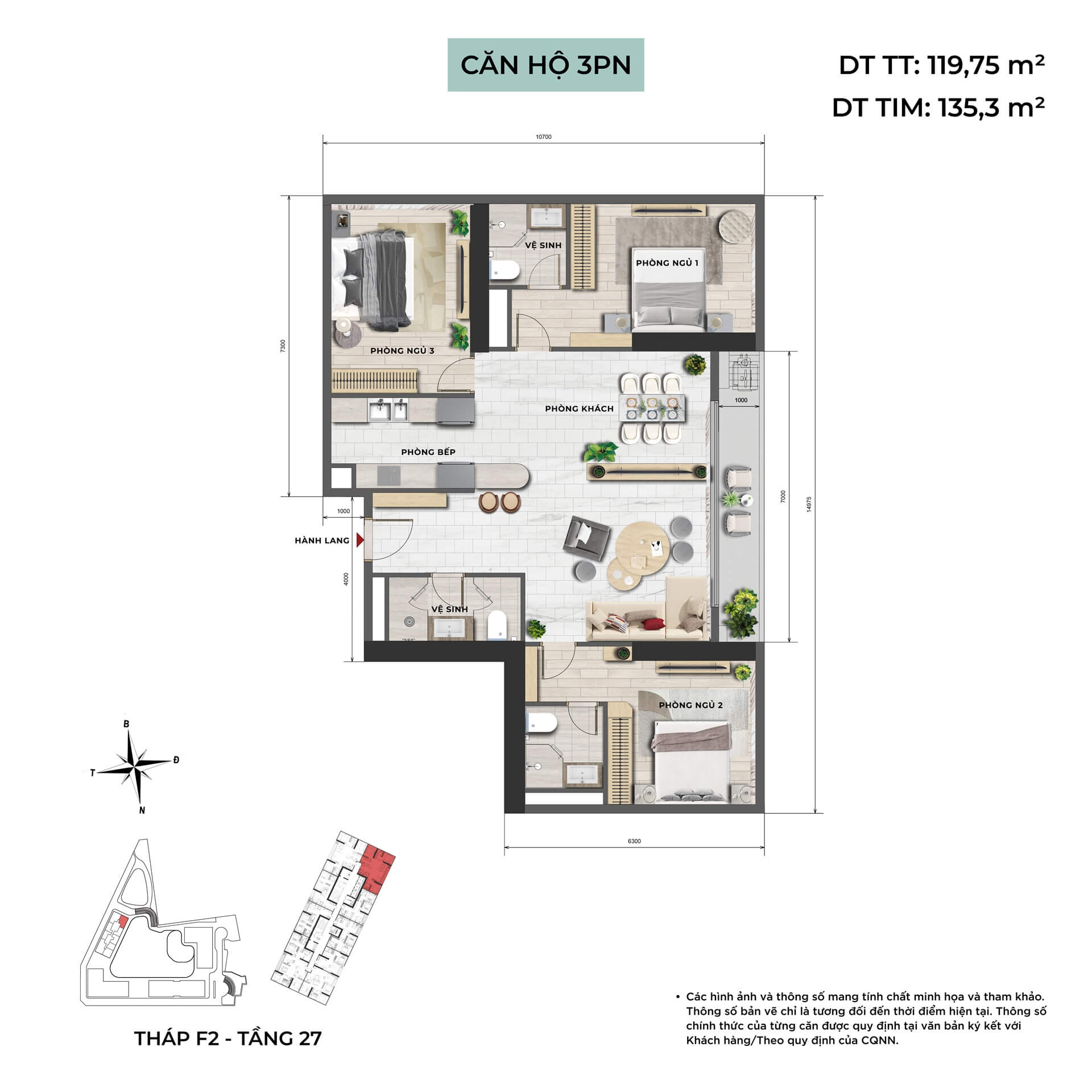 thiết kế căn hộ 3 phòng ngủ dự án Emerald Park Mê Linh